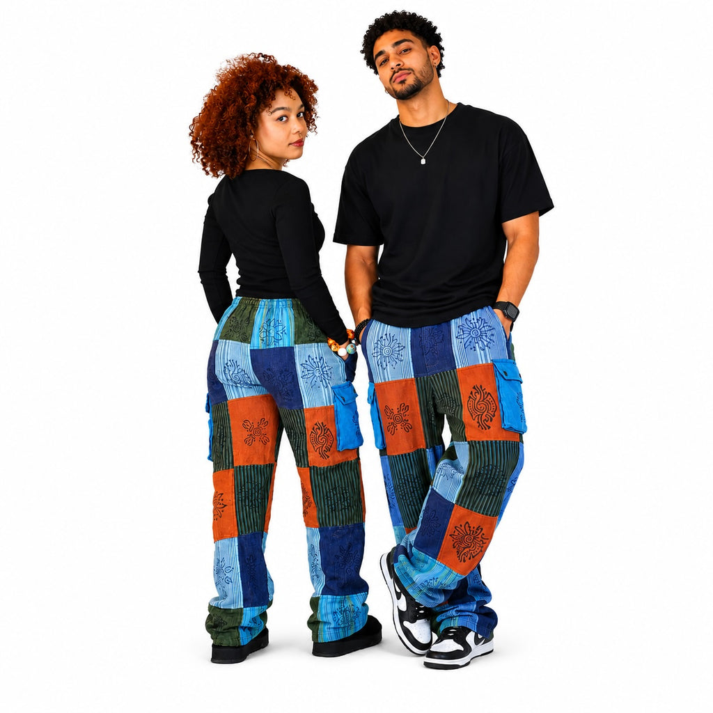 Unisex African Patchwork Cargo Trousers – Boho Wide Leg Festival Pants