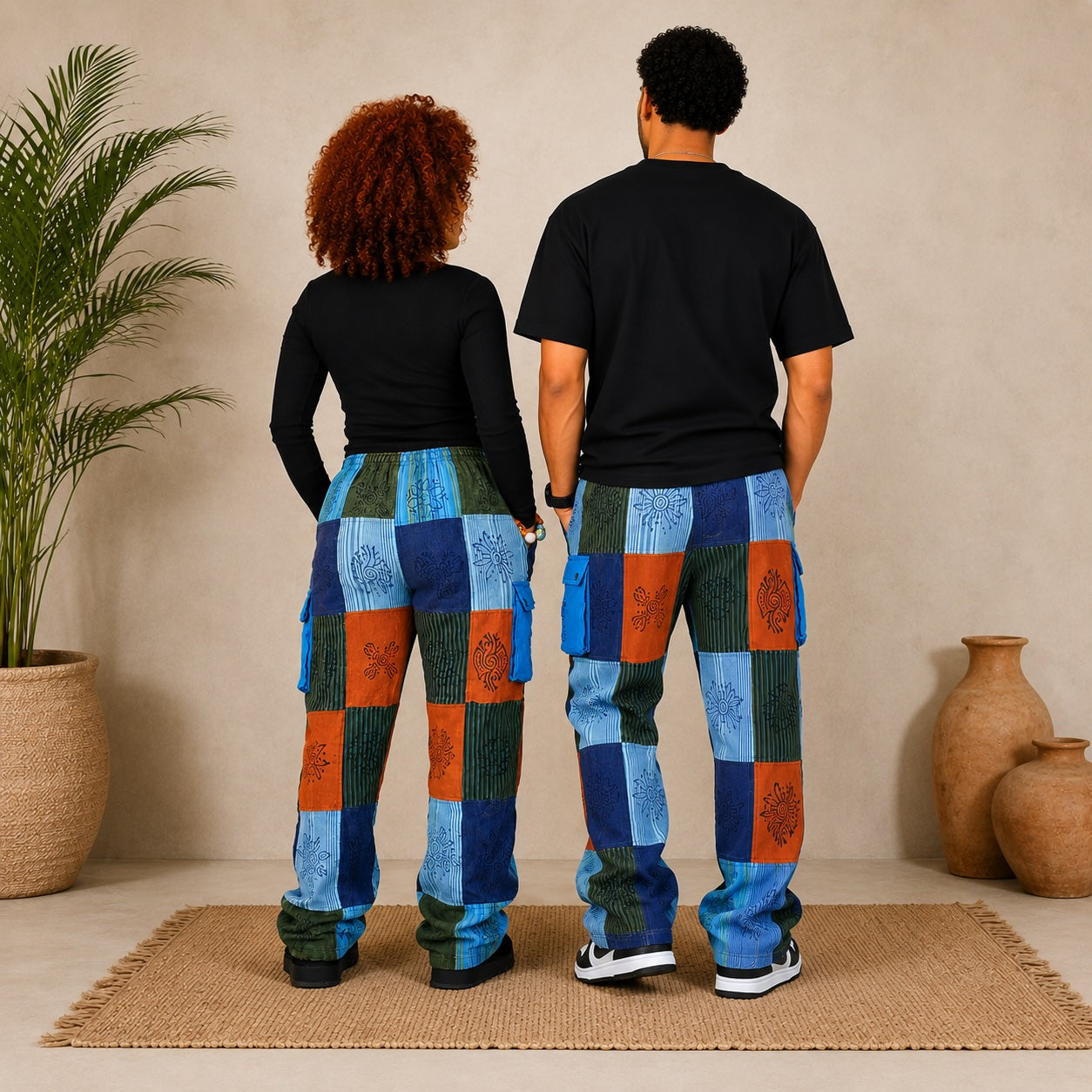 Unisex African Patchwork Cargo Trousers – Boho Wide Leg Festival Pants