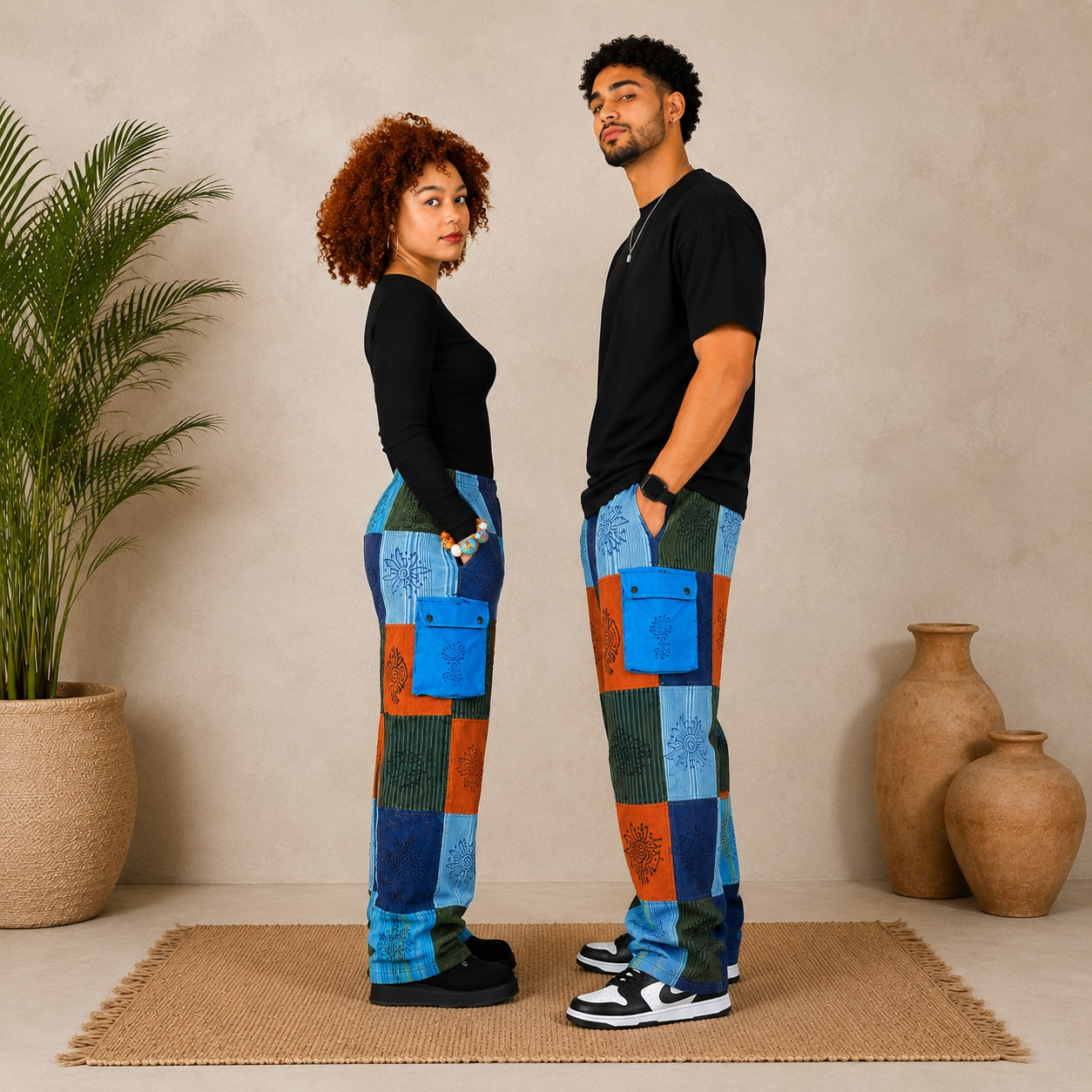 Unisex African Patchwork Cargo Trousers – Boho Wide Leg Festival Pants