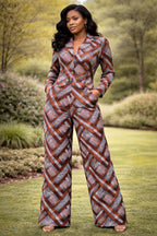 Women’s African Print Blazer and Wide Leg Trouser Coord Set in Brown and Grey