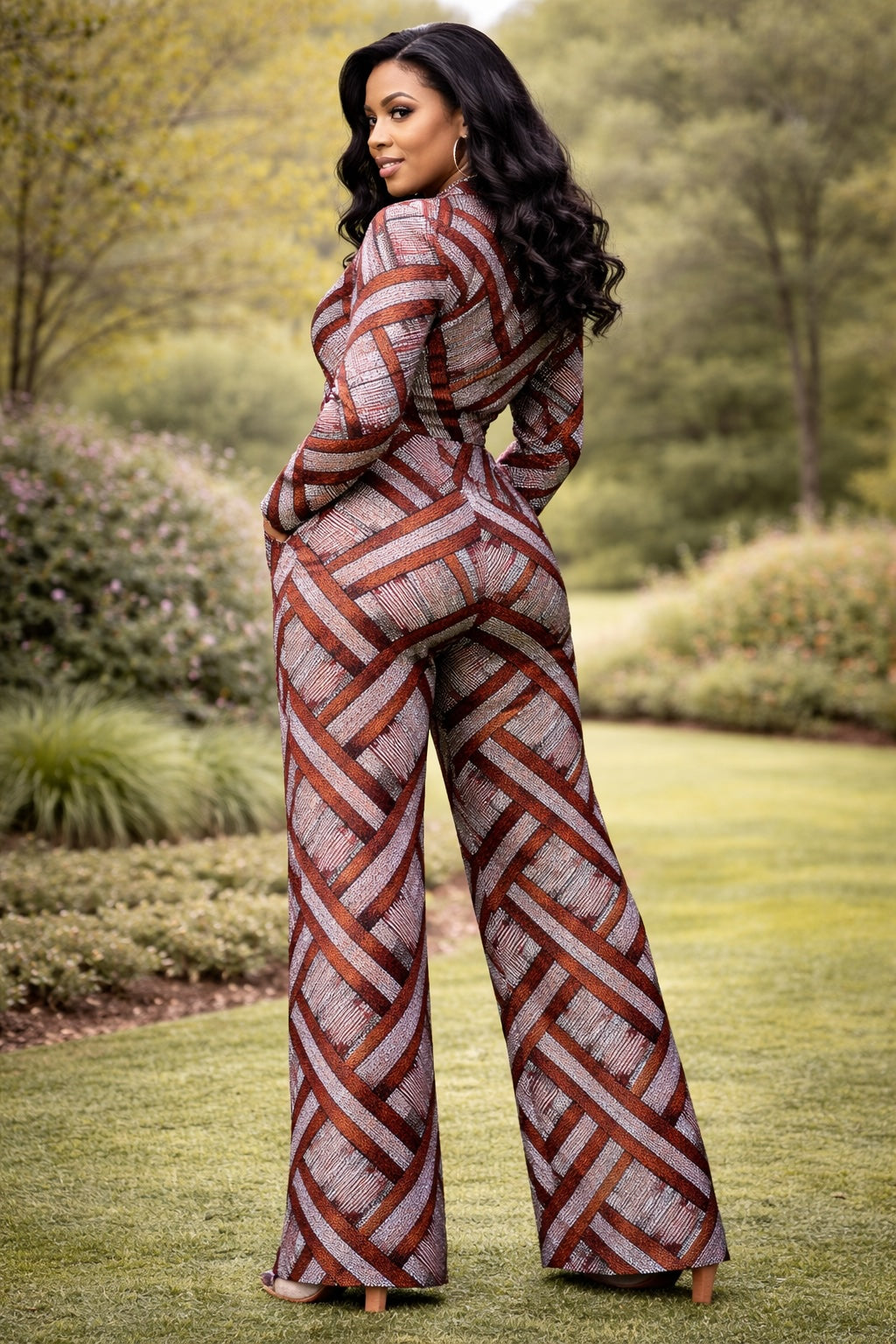 Women’s African Print Blazer and Wide Leg Trouser Coord Set in Brown and Grey