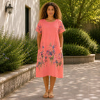 Women’s Floral Print Linen Tunic Short Sleeve Dress – Free Size
