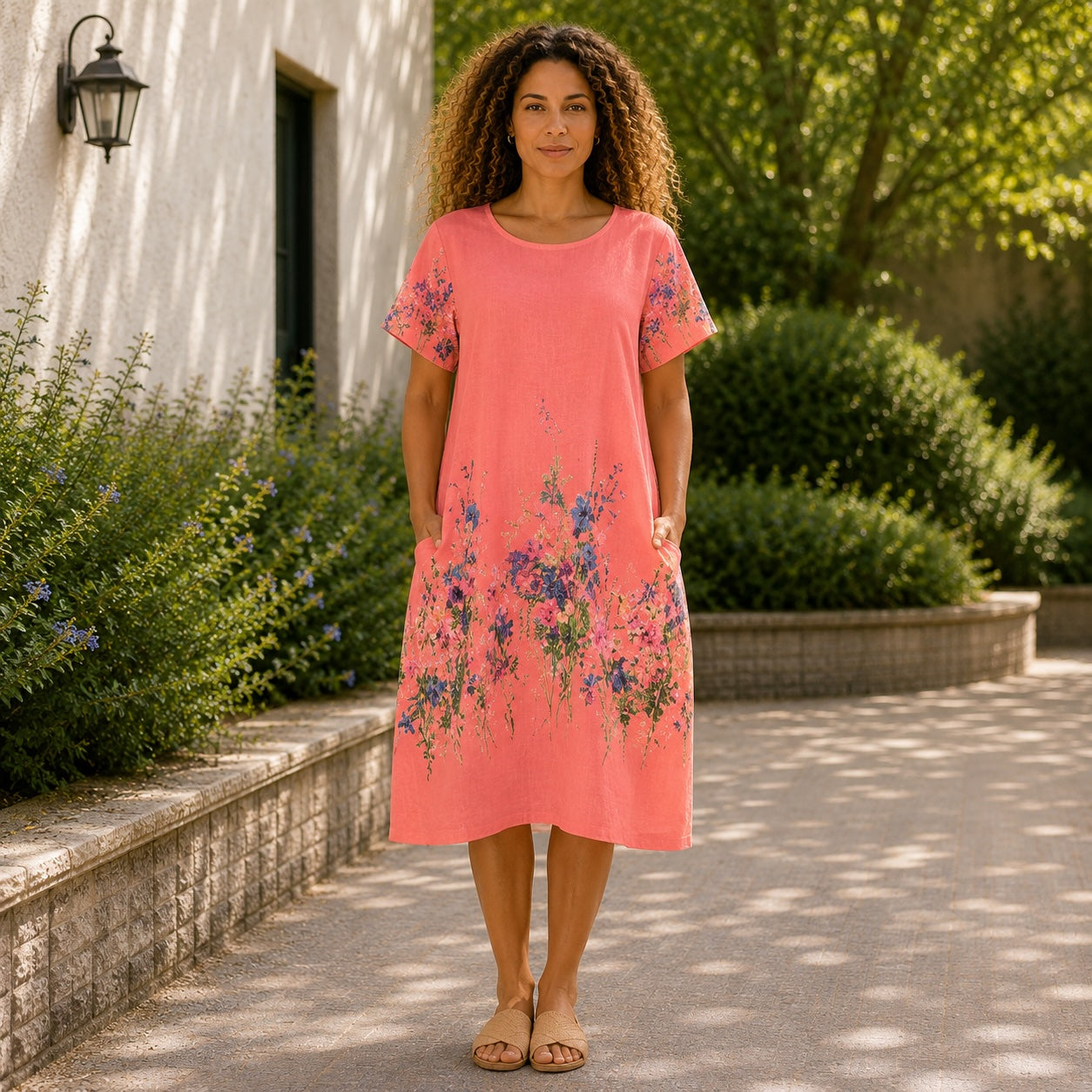 Women’s Floral Print Linen Tunic Short Sleeve Dress – Free Size