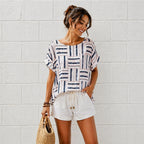 Women’s Geometric Stripe Print Cotton Top – Relaxed Summer Blouse