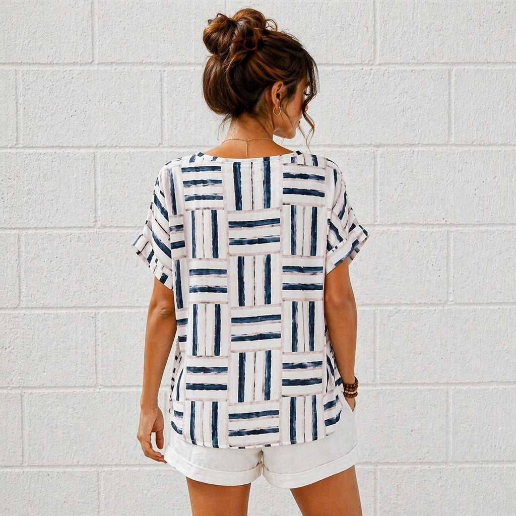 Women’s Geometric Stripe Print Cotton Top – Relaxed Summer Blouse