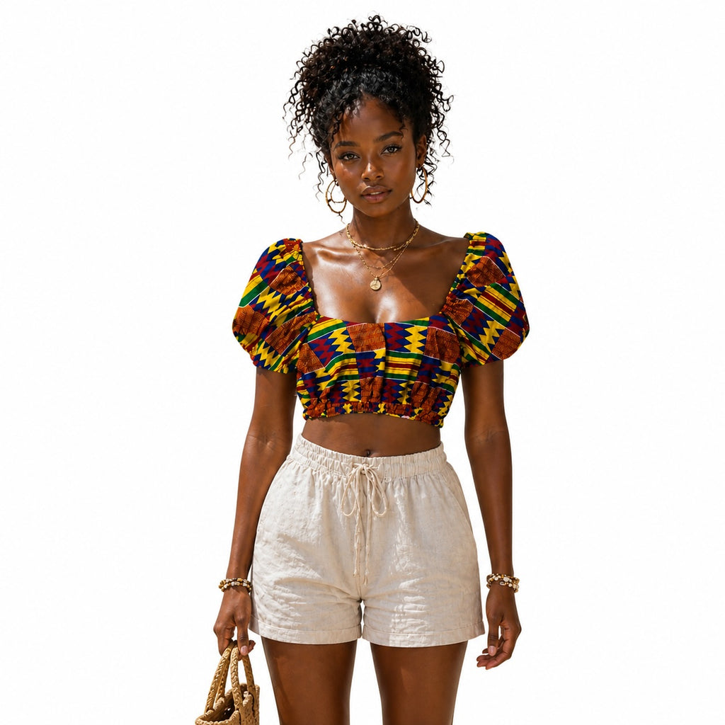 Women’s African Print Puff Sleeve Crop Top