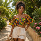 Women’s African Print Off Shoulder Crop Top with Flared Sleeves