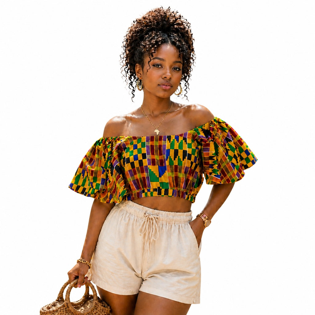Women’s African Print Off Shoulder Crop Top with Flared Sleeves