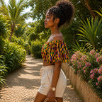 Women’s African Print Off Shoulder Crop Top with Flared Sleeves