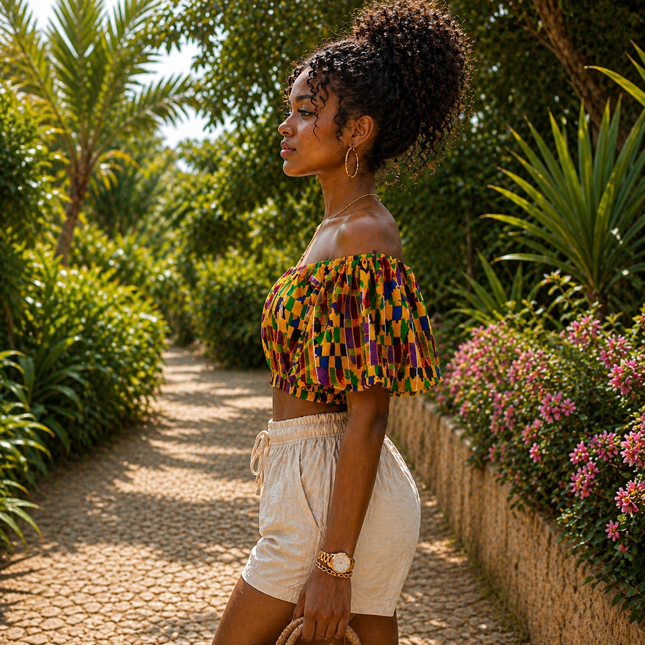 Women’s African Print Off Shoulder Crop Top with Flared Sleeves