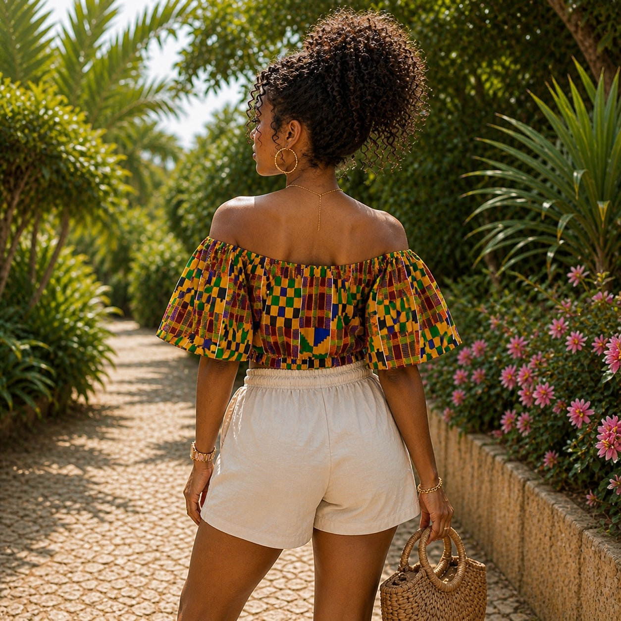 Women’s African Print Off Shoulder Crop Top with Flared Sleeves