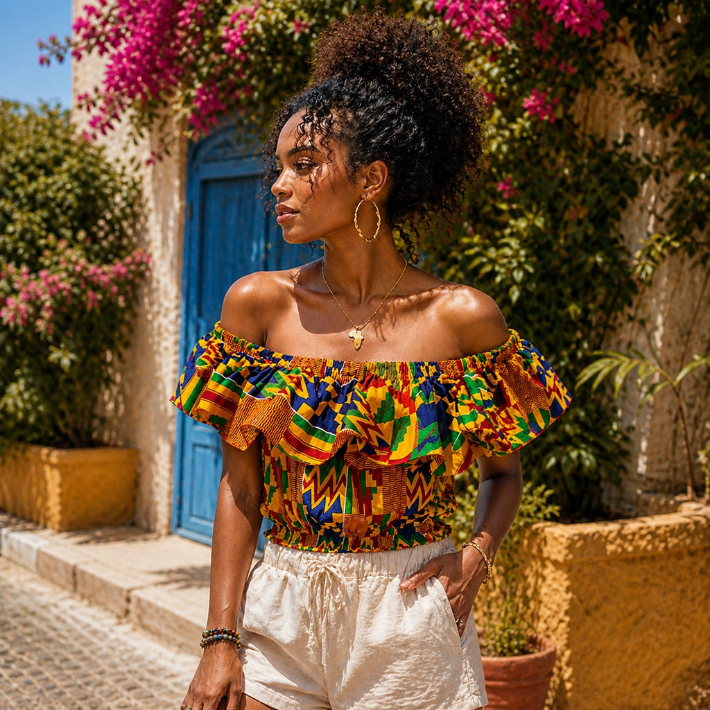Women’s African Print Off Shoulder Ruffle Crop Top