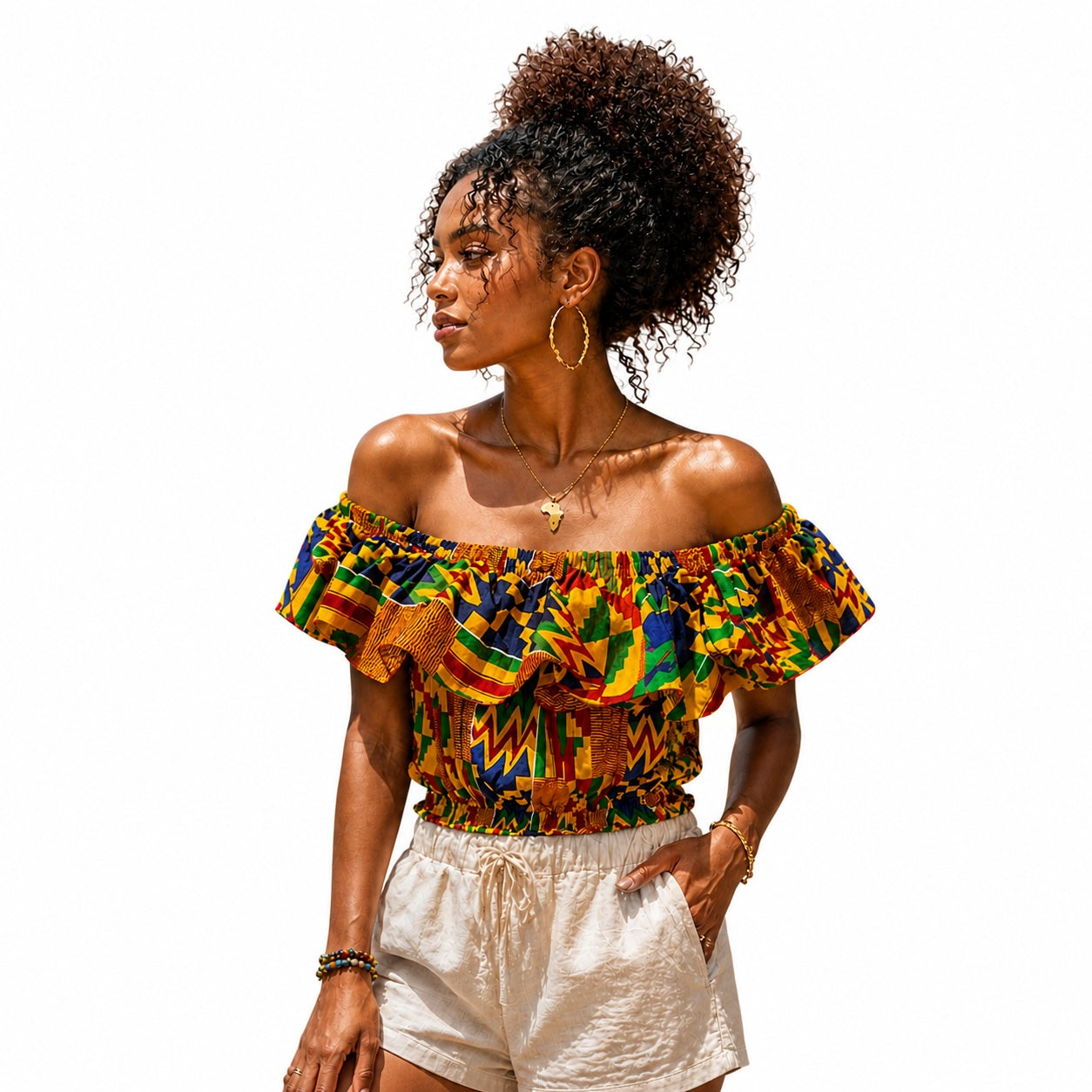 Women’s African Print Off Shoulder Ruffle Crop Top