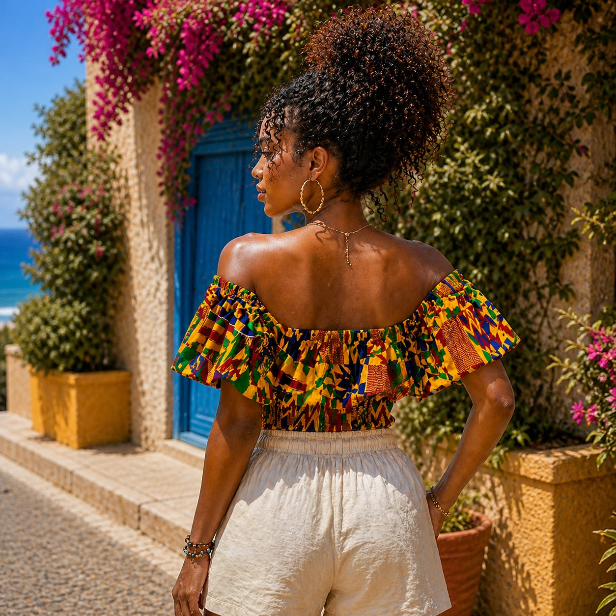 Women’s African Print Off Shoulder Ruffle Crop Top