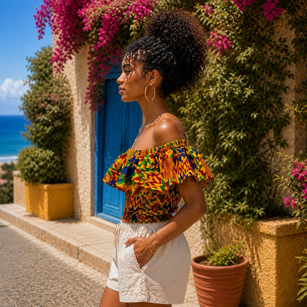 Women’s African Print Off Shoulder Ruffle Crop Top