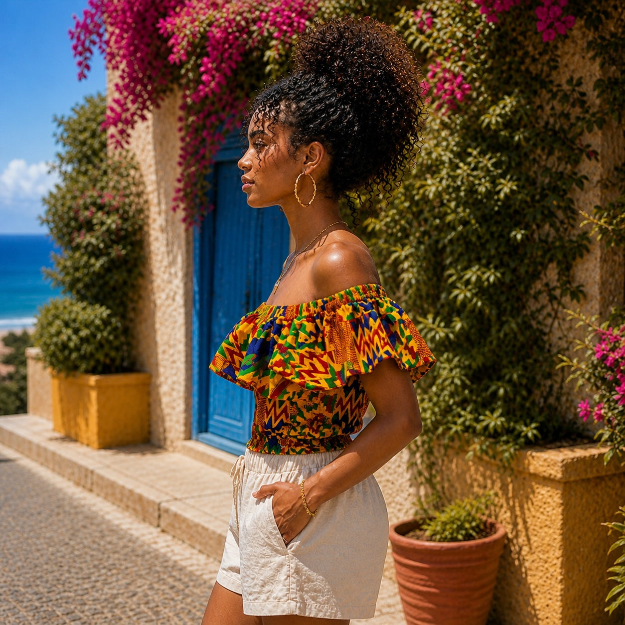 Women’s African Print Off Shoulder Ruffle Crop Top