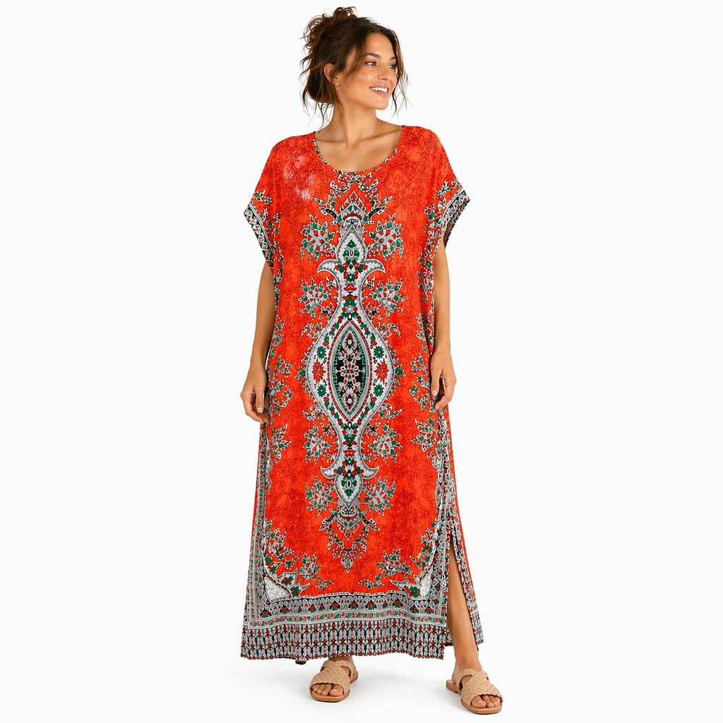 Women’s Paisley Print Kaftan Dress, Free Size 10-16, Loose Maxi Holiday Dress, Available in Turquoise, Orange and Pink