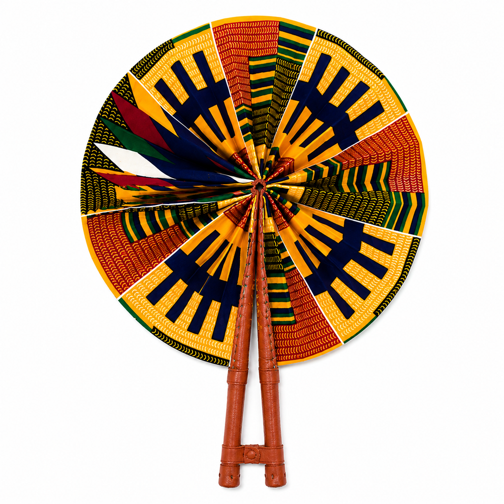 African Print Folding Hand Fan – Ankara Wax Print Fabric Fan with Leather Handle