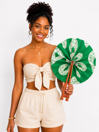 African Print Folding Hand Fan – Ankara Wax Print Fabric Fan with Leather Handle