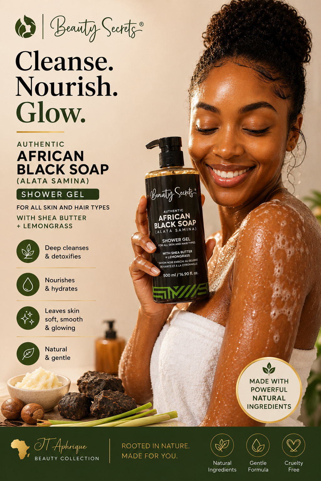 Beauty Secrets Authentic African Black Soap Shower Gel with Shea Butter &amp; Lemongrass – Skin &amp; Hair, 500ml