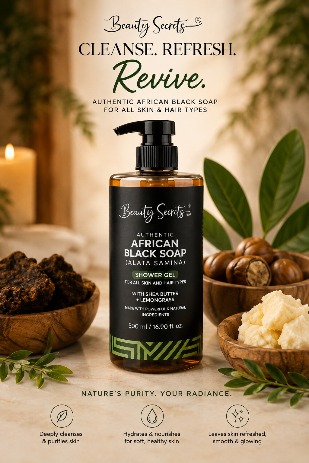 Beauty Secrets Authentic African Black Soap Shower Gel with Shea Butter &amp; Lemongrass – Skin &amp; Hair, 500ml