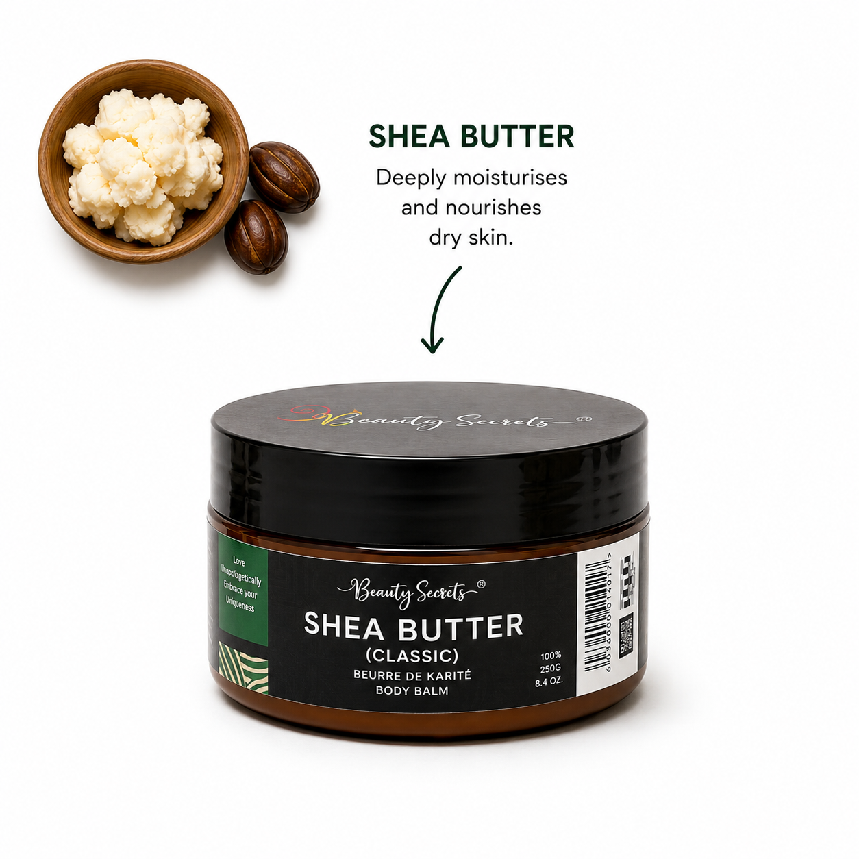 Beauty Secrets 100% Pure African Shea Butter Body Balm – Natural Moisturiser for Dry Skin, 200g