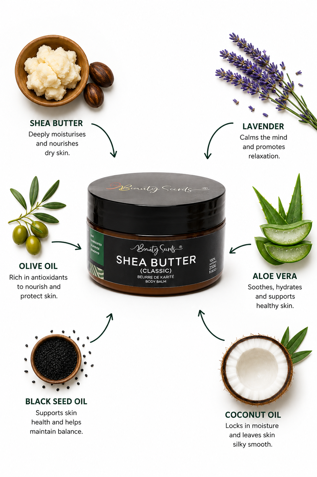 Beauty Secrets 100% Pure African Shea Butter Body Balm – Natural Moisturiser for Dry Skin, 200g
