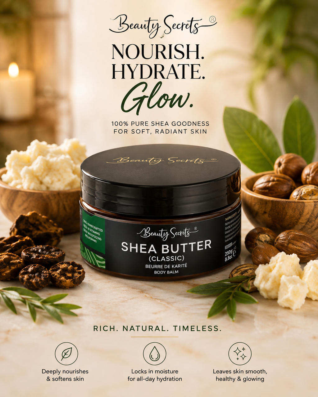 Beauty Secrets 100% Pure African Shea Butter Body Balm – Natural Moisturiser for Dry Skin, 200g