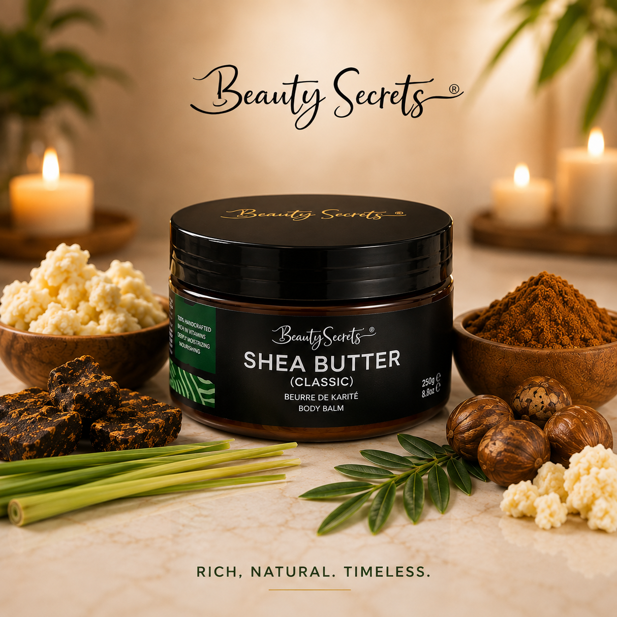 Beauty Secrets 100% Pure African Shea Butter Body Balm – Natural Moisturiser for Dry Skin, 200g