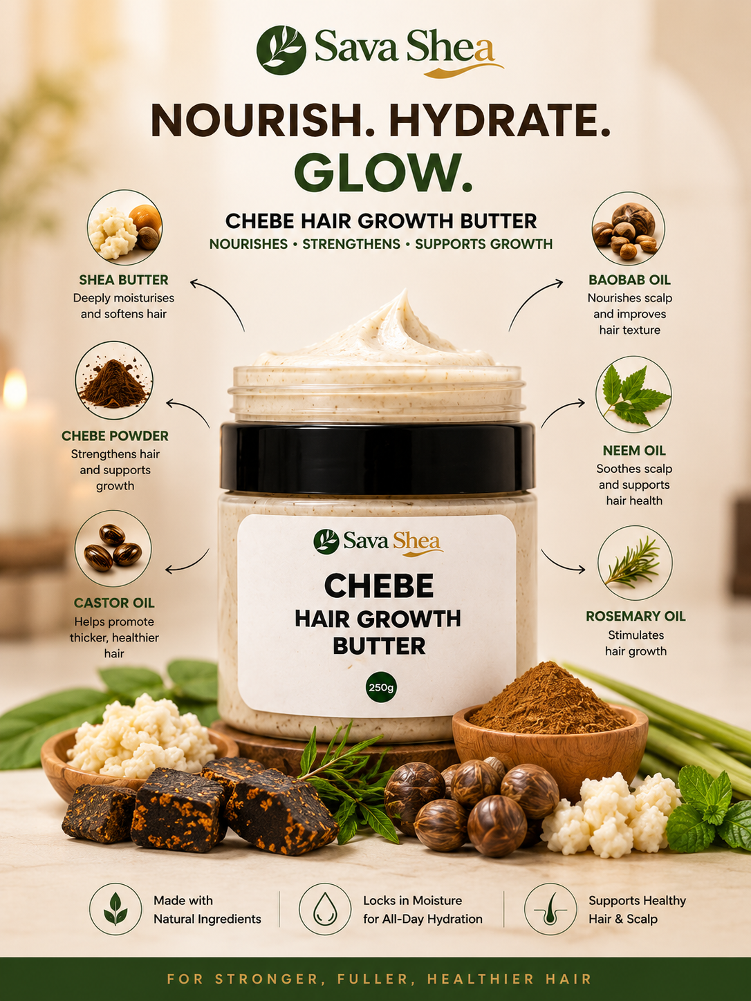 Sava Shea Chebe Hair Growth Butter with Shea Butter, Castor, Rosemary & Baobab Oil – 250g