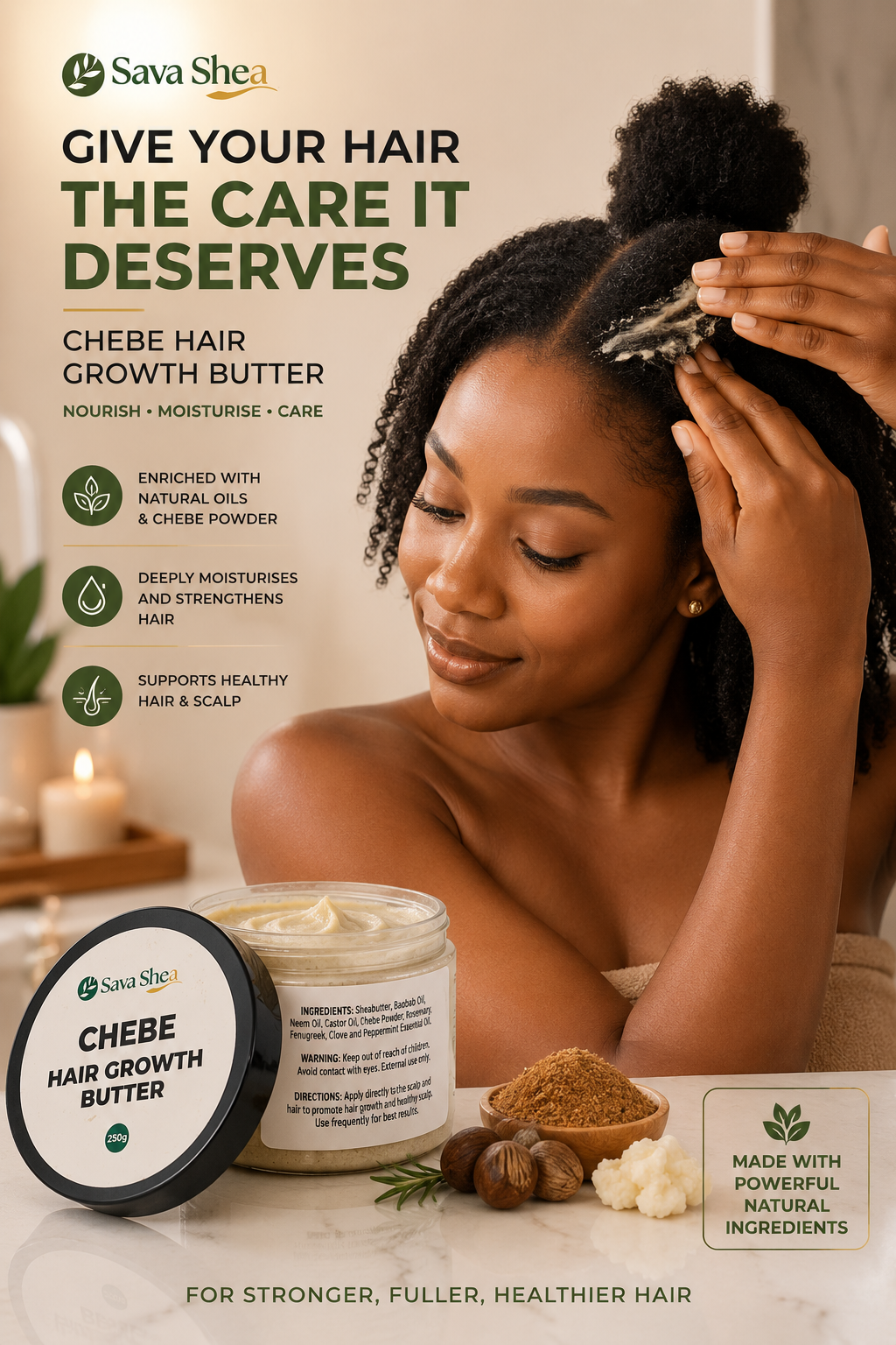 Sava Shea Chebe Hair Growth Butter with Shea Butter, Castor, Rosemary & Baobab Oil – 250g