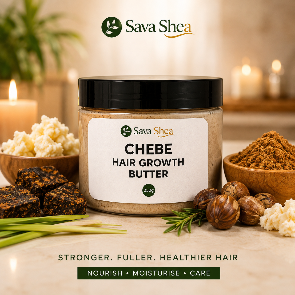 Sava Shea Chebe Hair Growth Butter with Shea Butter, Castor, Rosemary & Baobab Oil – 250g