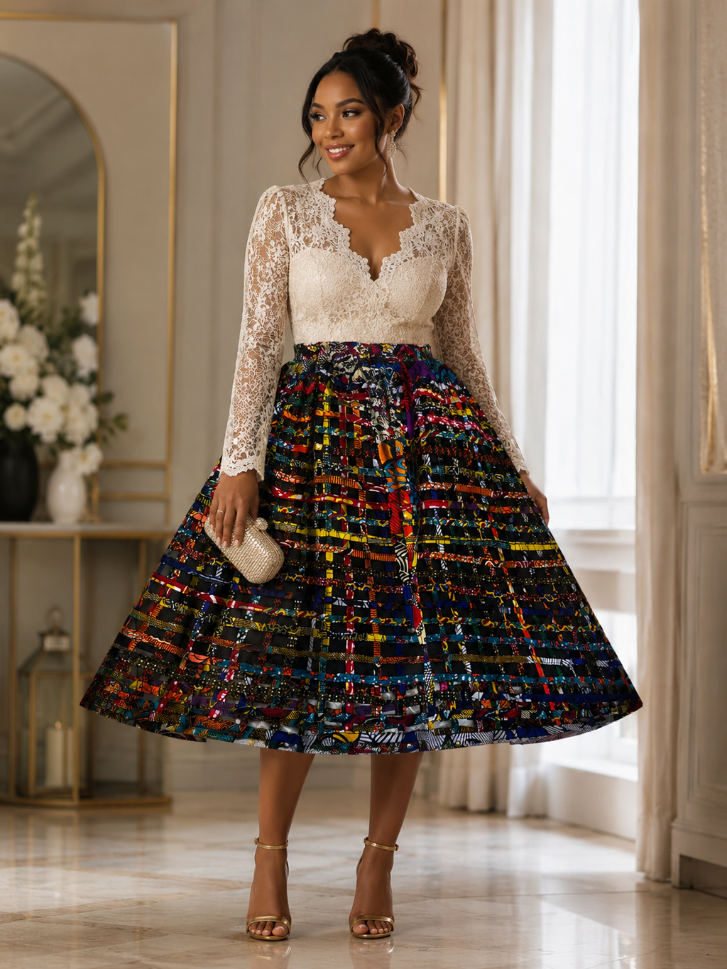 African Print Pleated Midi Skirt