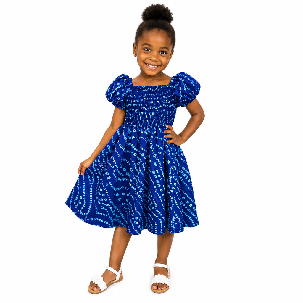 Girls Blue African Print Smocked Puff-Sleeve Dress