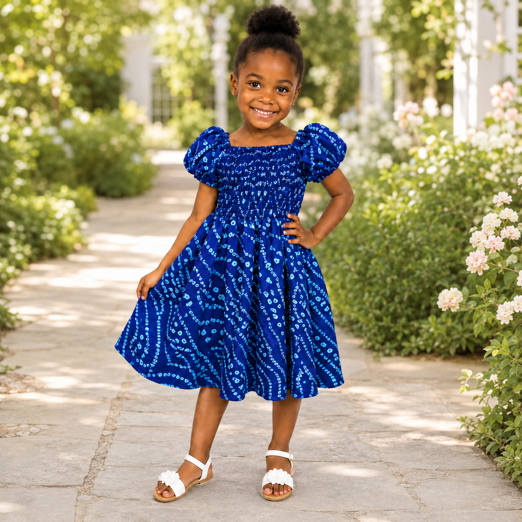 Girls Blue African Print Smocked Puff-Sleeve Dress