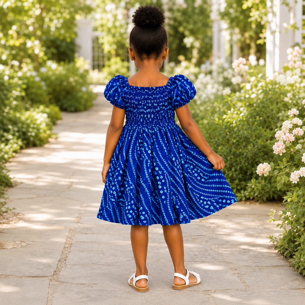 Girls Blue African Print Smocked Puff-Sleeve Dress