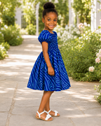 Girls Blue African Print Smocked Puff-Sleeve Dress