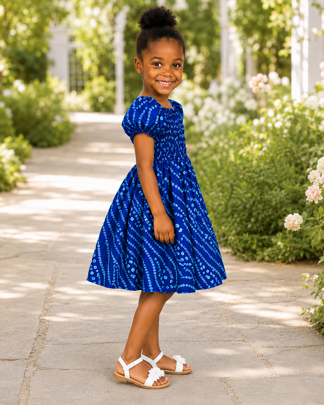 Girls Blue African Print Smocked Puff-Sleeve Dress
