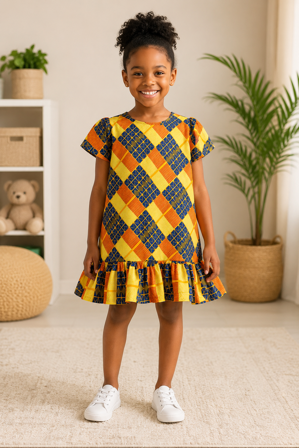 Ama Sunshine African Print Girls Dress – Kids Ankara Ruffle Hem Dress