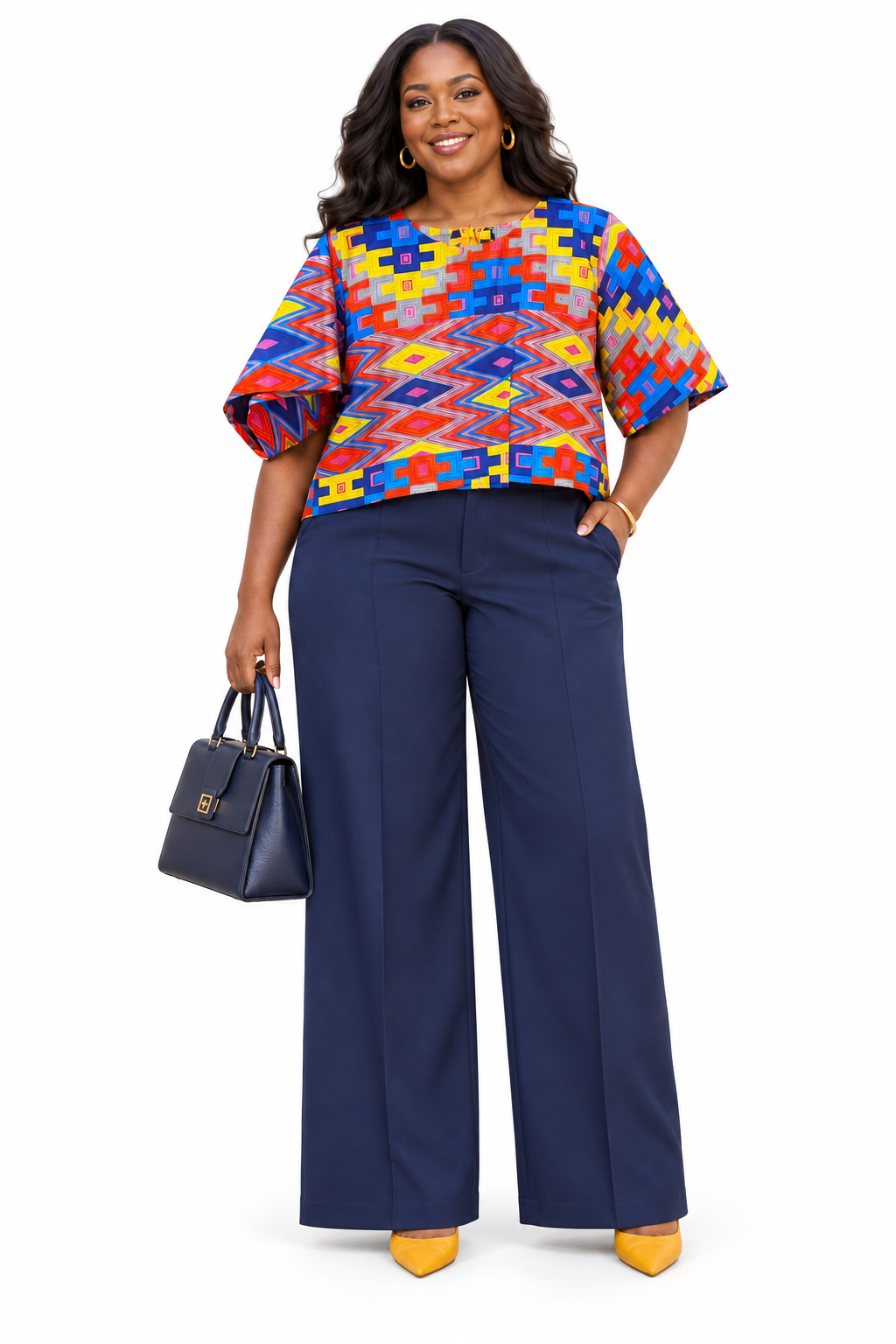Afua Ankara Multicolour African Geometric Print Flared-Sleeve Top