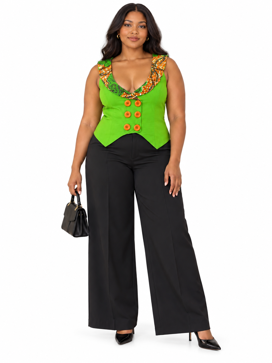 Ayo Lime Green Sleeveless Top with African Print Collar