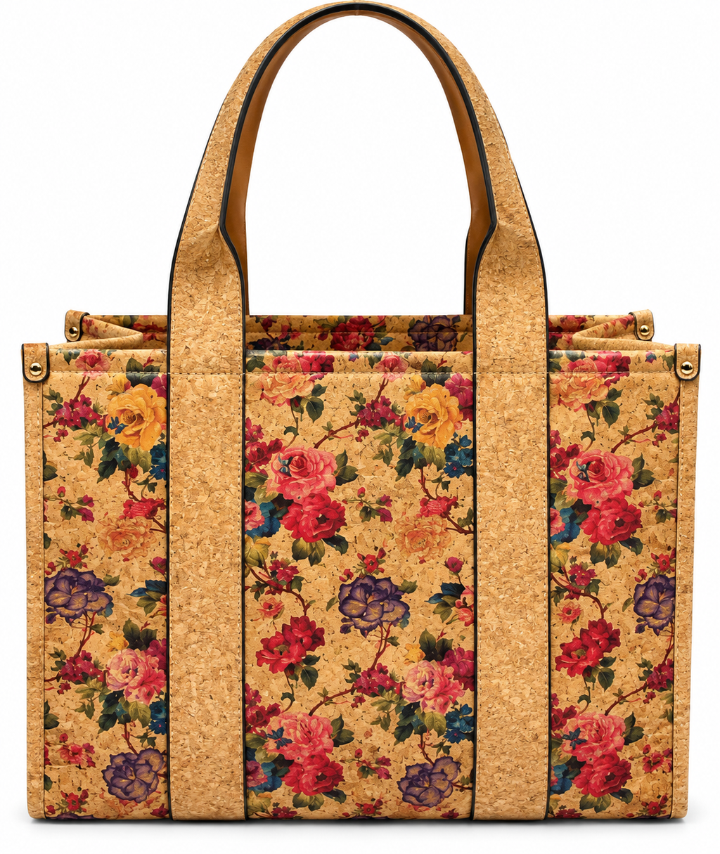 Floral Cork Tote Bag – Large Botanical Print Shoulder Handbag