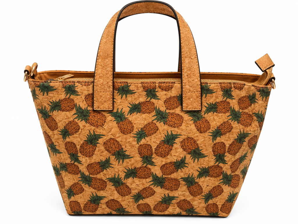 Printed Cork Tote Bag – Floral & Pineapple Everyday Handbag