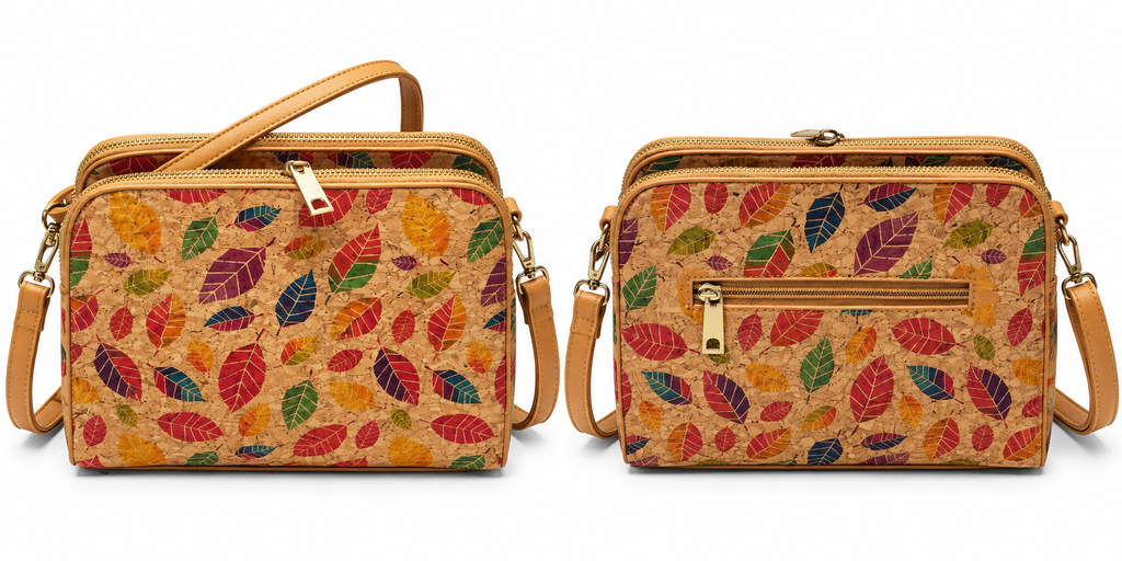 Multicolour Leaf Print Cork Crossbody Bag – Double Zip Shoulder Bag