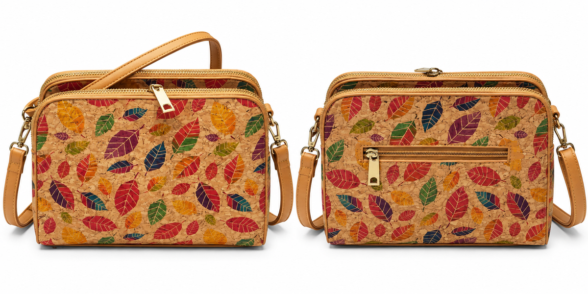 Multicolour Leaf Print Cork Crossbody Bag – Double Zip Shoulder Bag