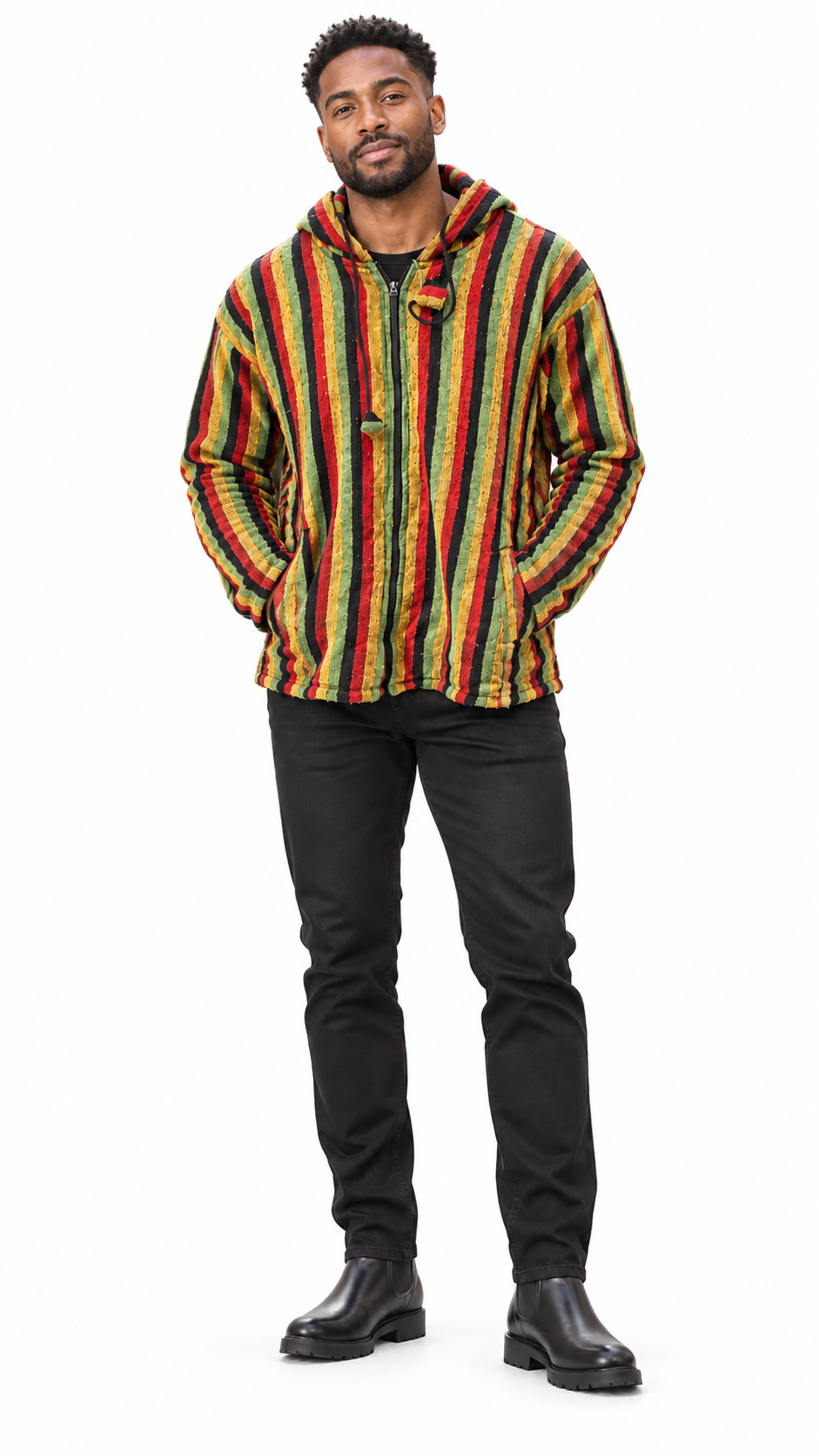 Men’s Red, Gold, Green & Black Striped Woven Hooded Jacket
