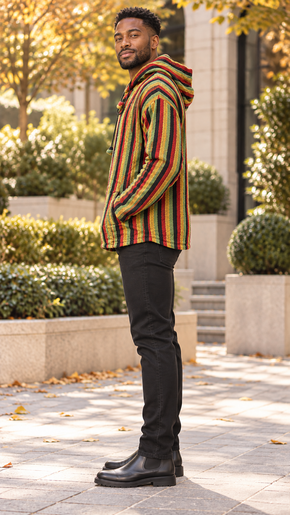 Men’s Red, Gold, Green & Black Striped Woven Hooded Jacket