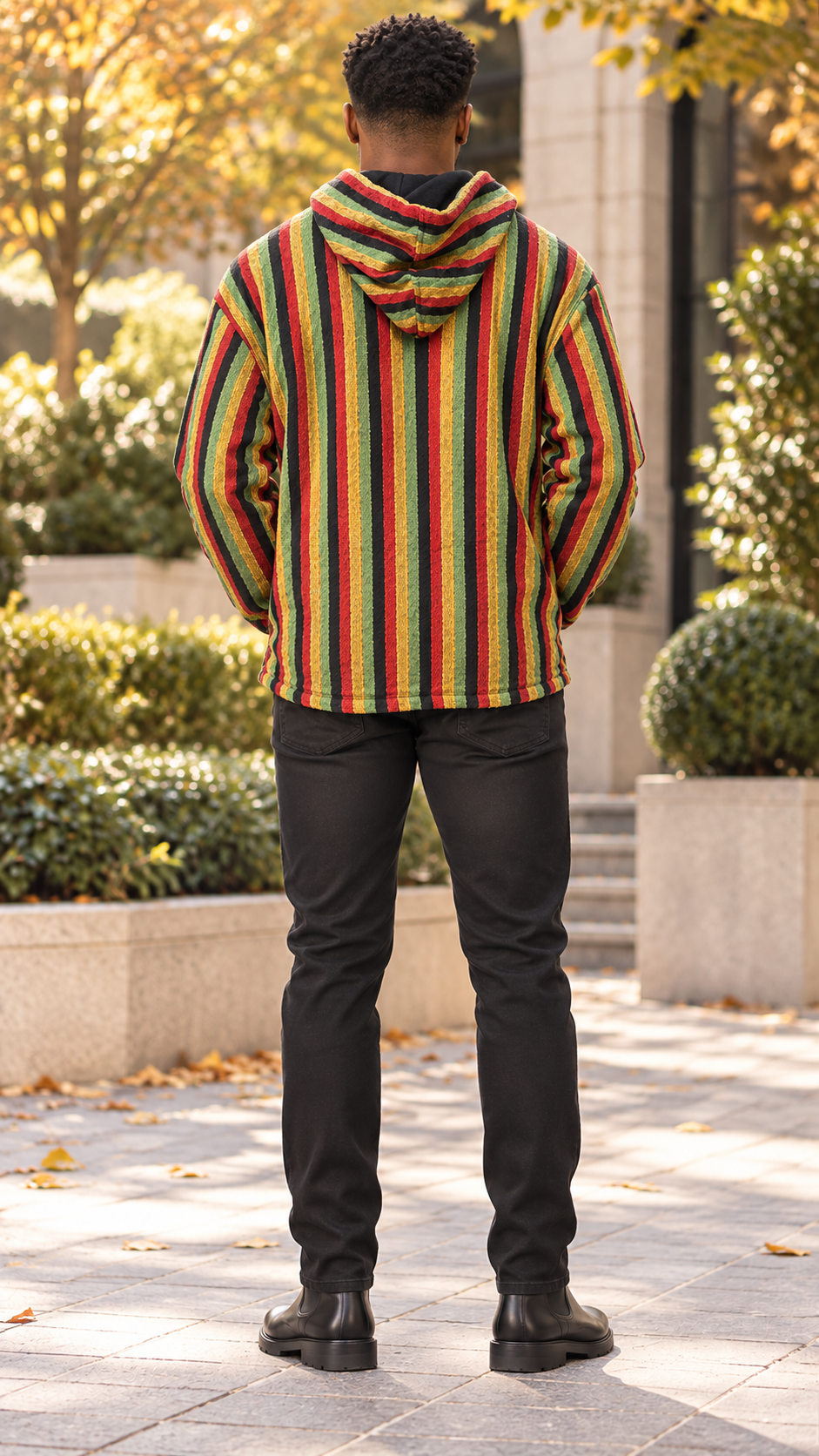 Men’s Red, Gold, Green & Black Striped Woven Hooded Jacket