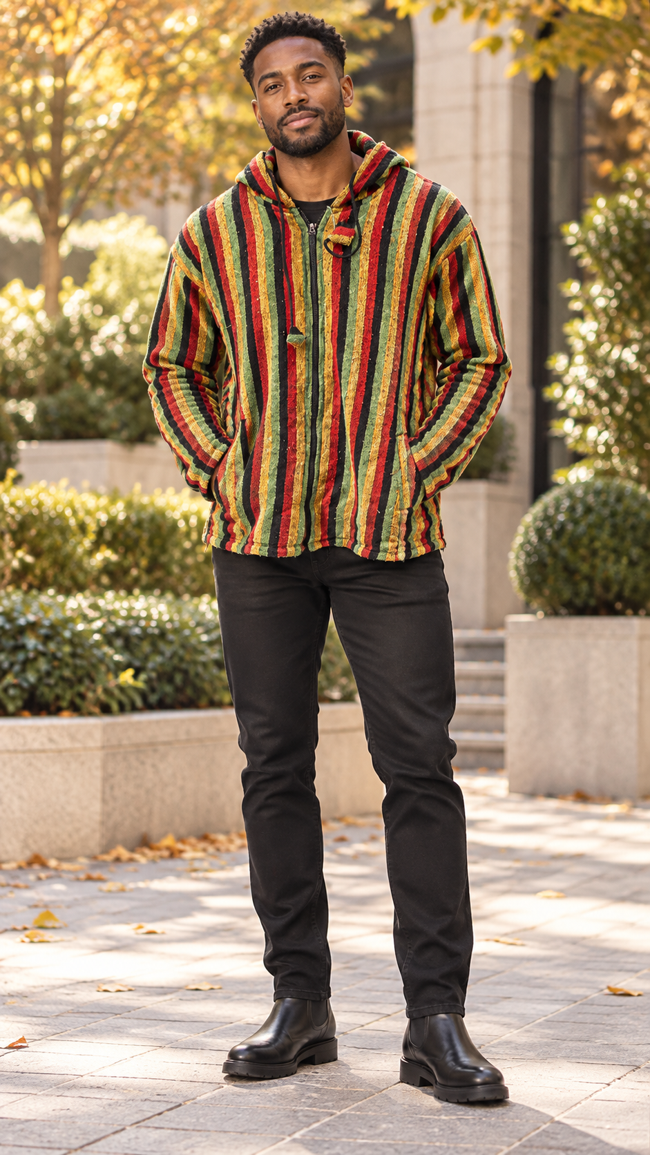 Men’s Red, Gold, Green & Black Striped Woven Hooded Jacket