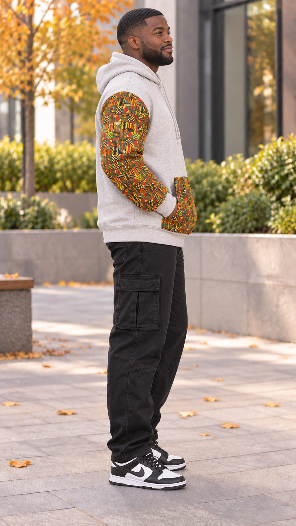Afro-Fusion Hoodie – Unisex Ankara Print Grey Pullover Hoodie